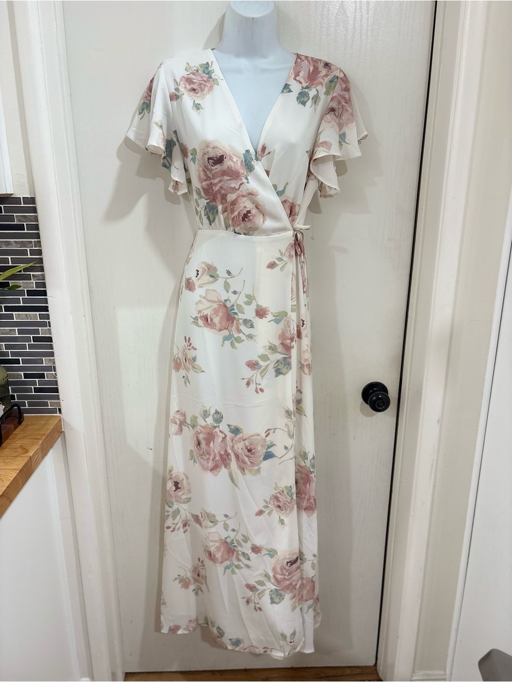 Floral Wrap Maxi Dress in Cream with Blush Rose